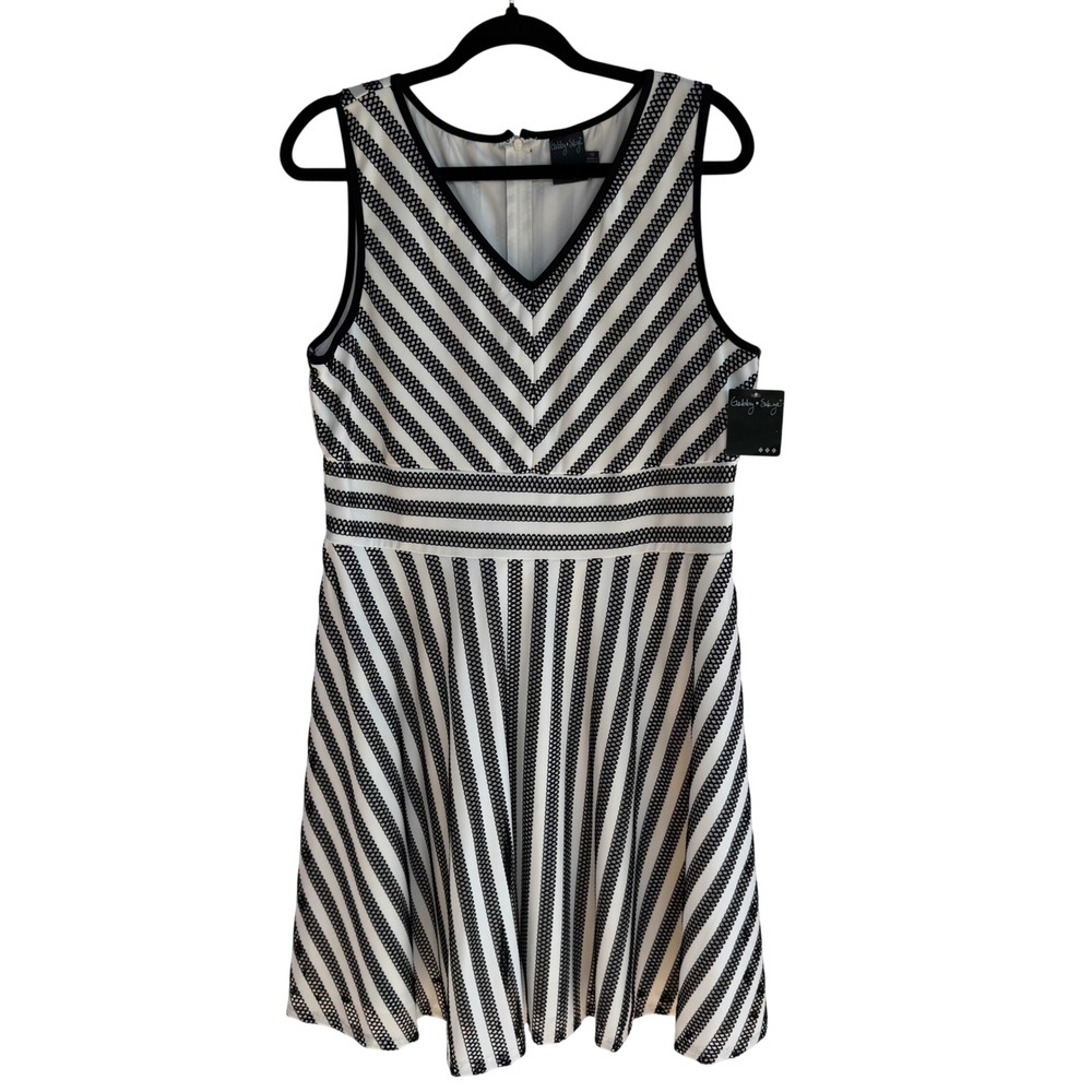 Gabby Skye Womens Size 14 Black White Stripe V-Neck Fit Flare Dress NWT